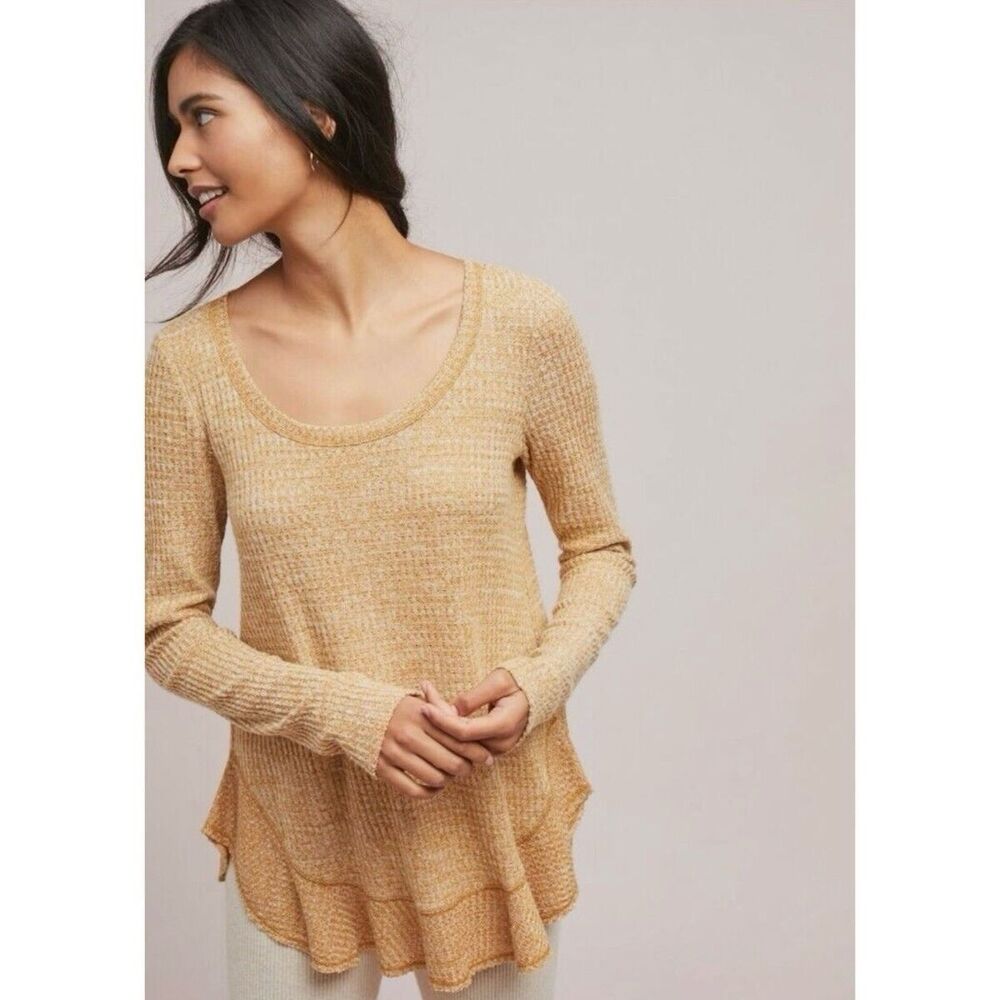 Anthropologie Saturday Sunday Wendy Waffle Knit Thermal Top Ruffle Wrap Back Med